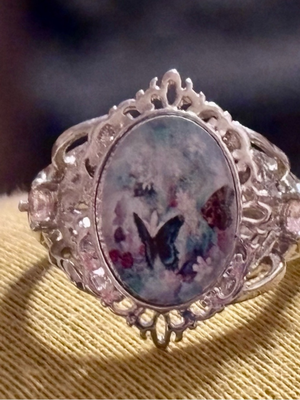 Delicate Butterfly Filigree Oval Ring in Silver-Tone size 8